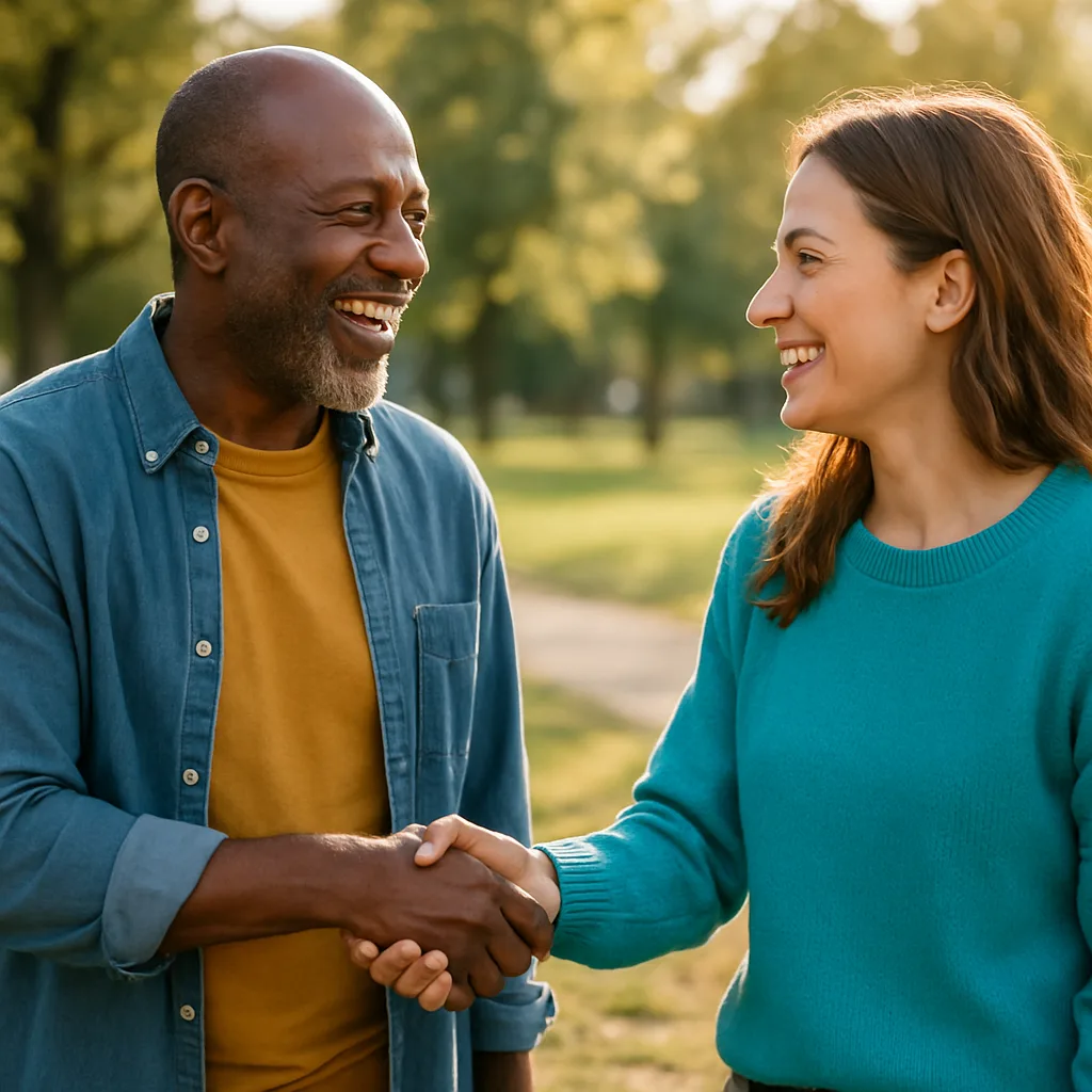 Two people meeting at a local park — genuinely local Southampton dating