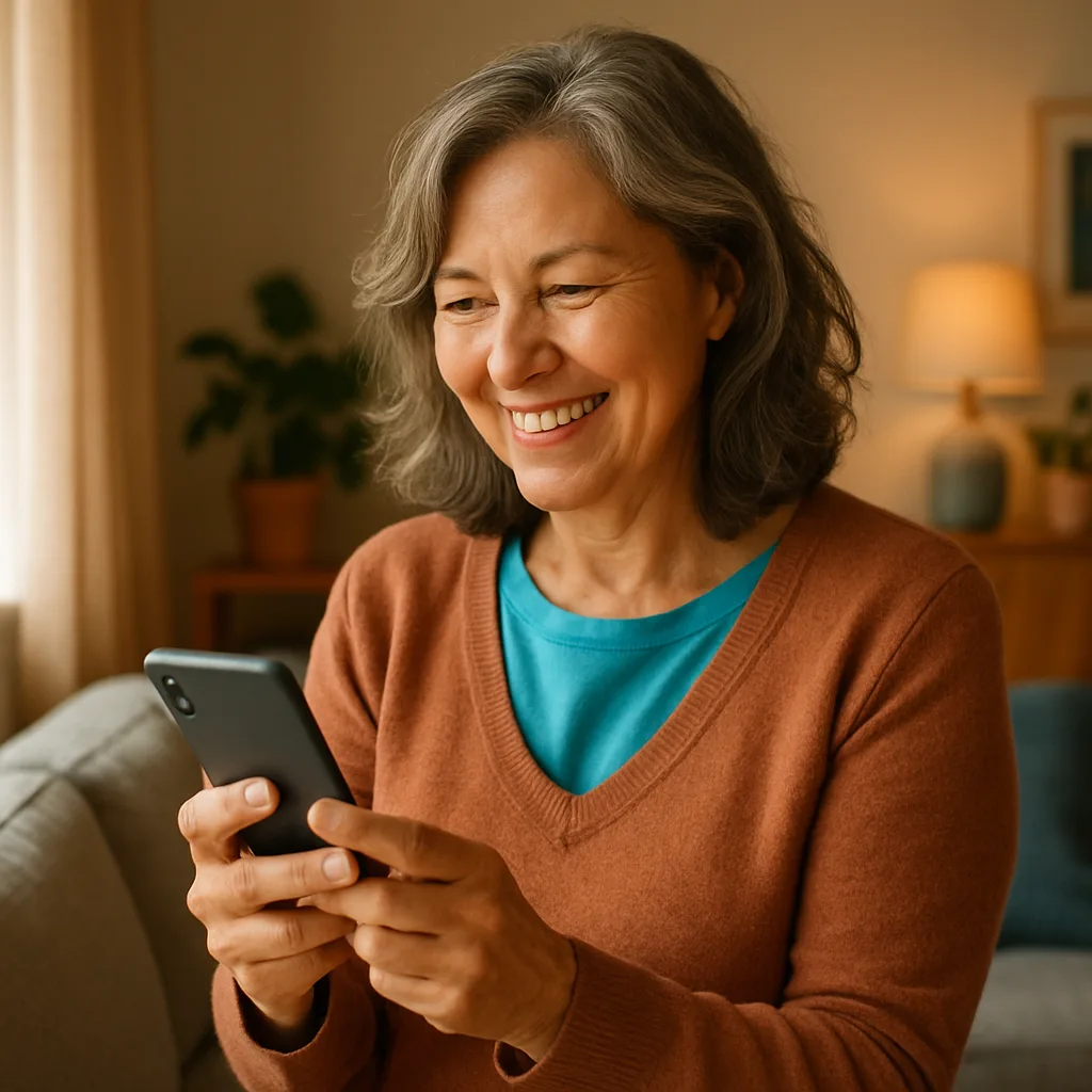 Smiling woman confidently checking her phone — verified profiles on The Southampton Dating Site
